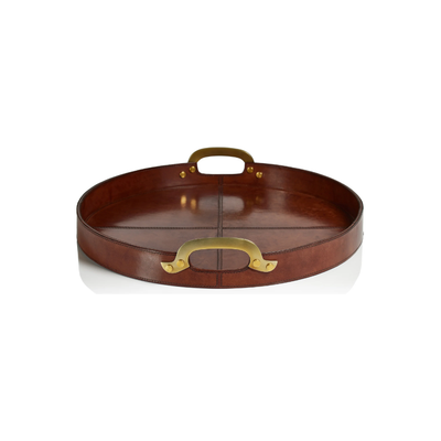 Aspen Leather with Brass Handles Round Tray - Small
