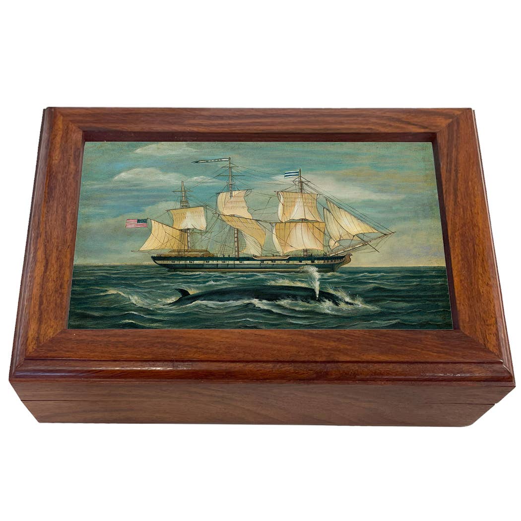 American Whaling Ship w/ Sperm Whale Solid Wood Trinket Box