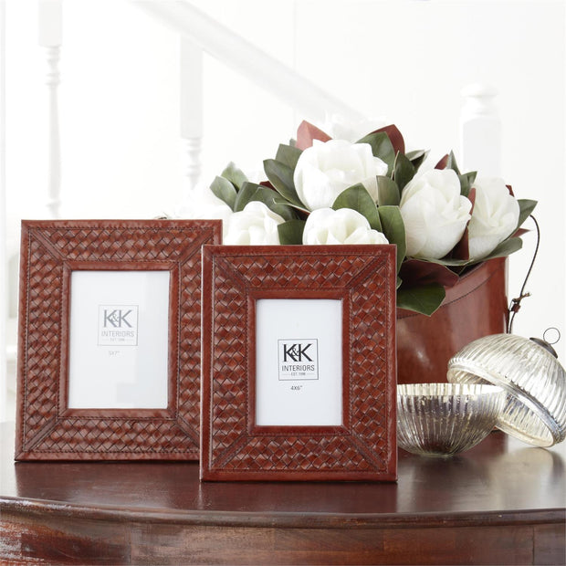 Tan Leather Basket Weave Photo Frame