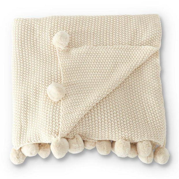 60" Stitch Knit Throw Blanket W/Pompom Trim - Cream