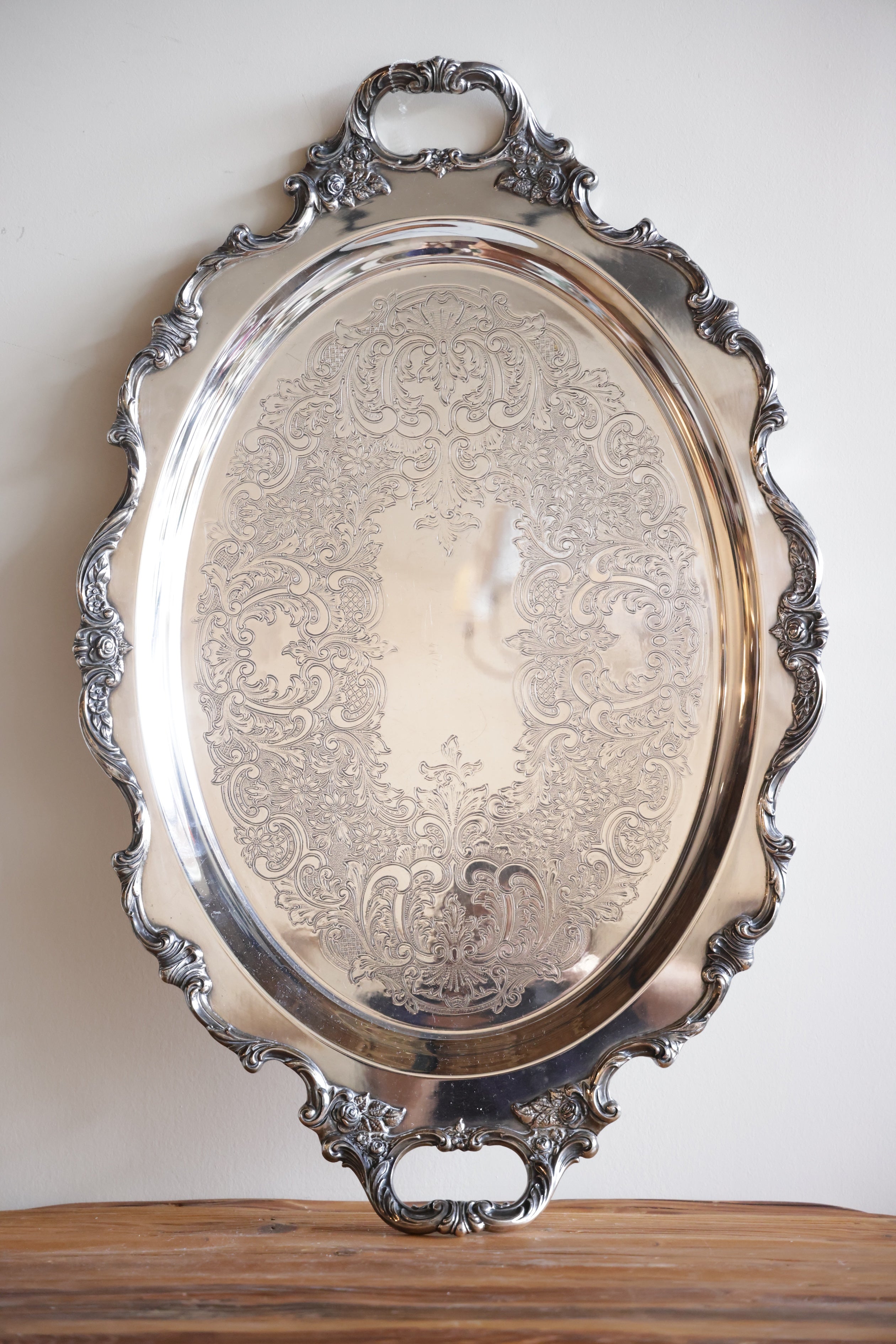Vintage Large Etched Silver Tray w/ Handles