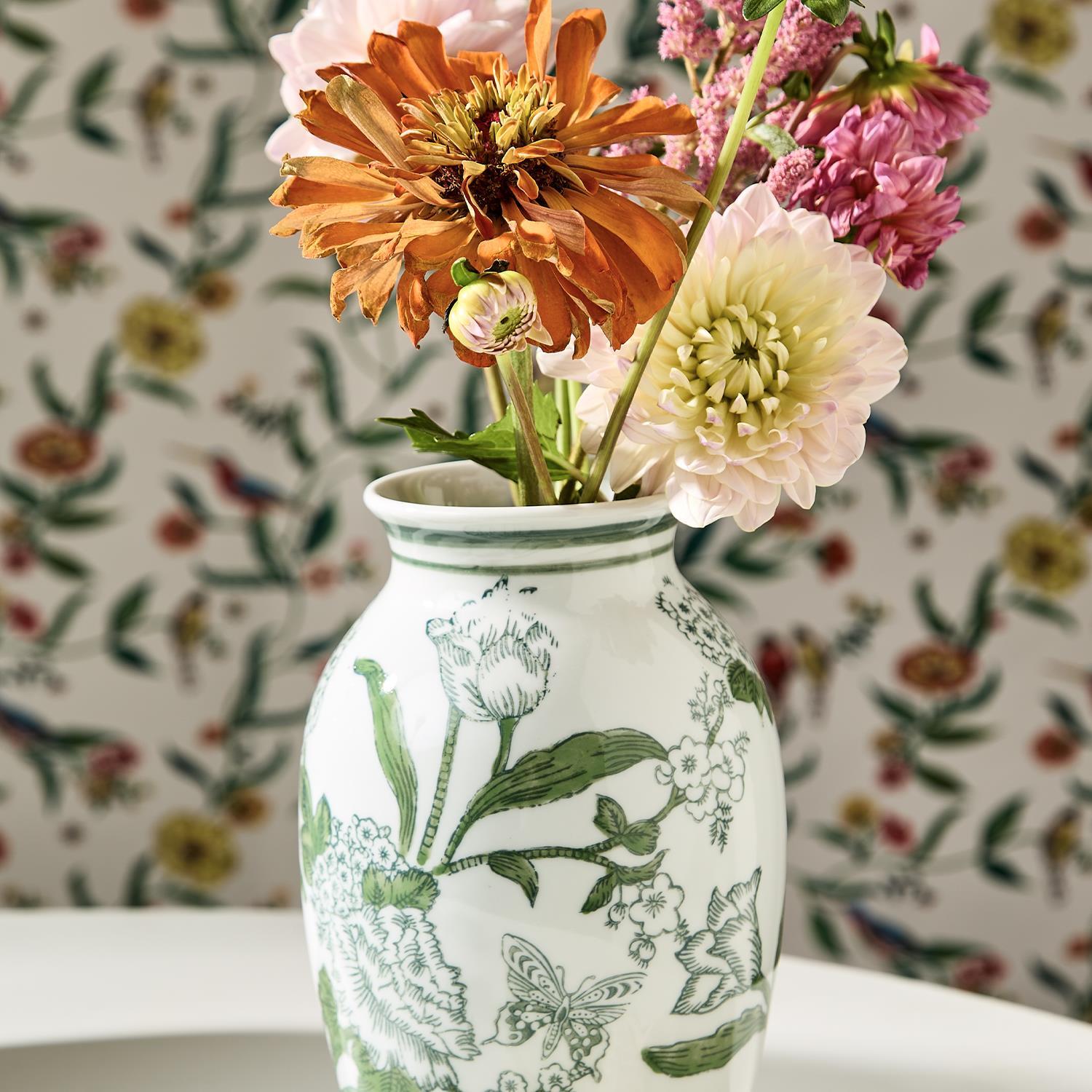 Primrose and Lotus Green and White Chinoiserie Vase