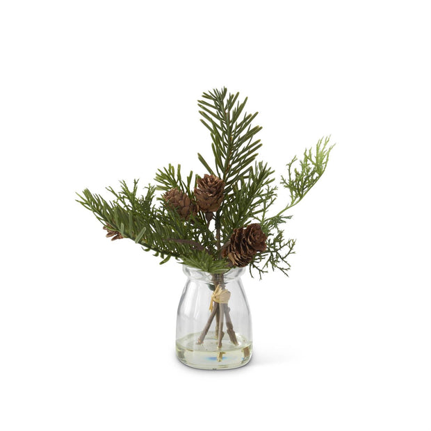 8" Pine Sprig w/Mini Pinecone in Glass Vase