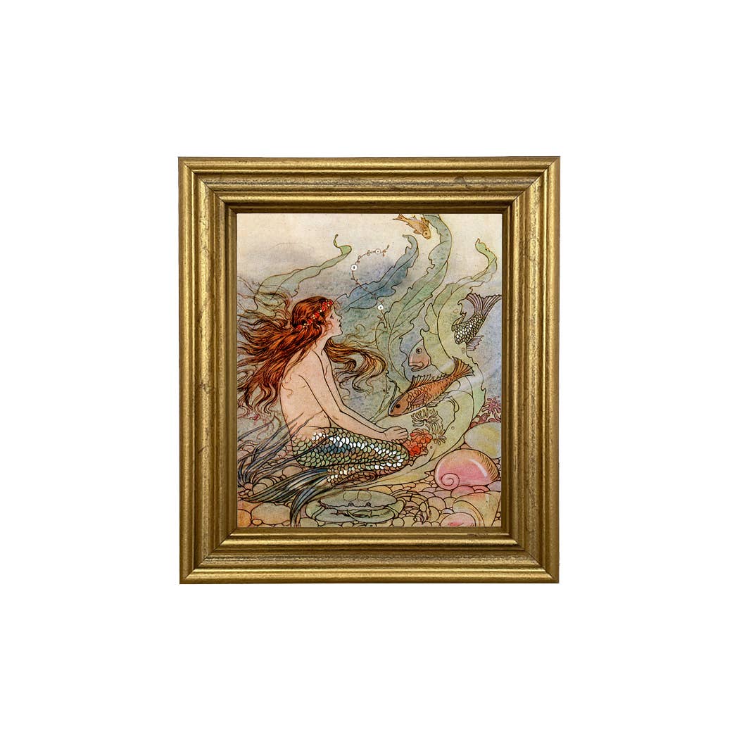 Mermaid Wishes Framed Print Behind Glass, Gold Frame