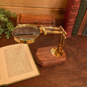 3" Antiqued Brass Desk-Top Magnifier on Solid Wood Base