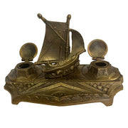 7-3/4" Antiqued Brass Ship Inkwell Stand w/ Brass Cups