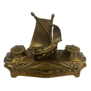 7-3/4" Antiqued Brass Ship Inkwell Stand w/ Brass Cups