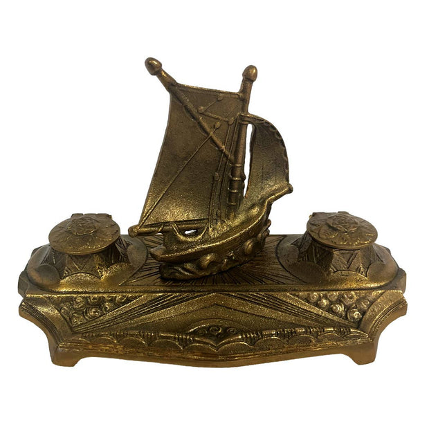 7-3/4" Antiqued Brass Ship Inkwell Stand w/ Brass Cups