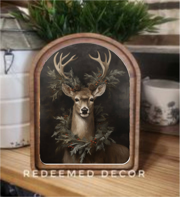 Arch Top Wreath Deer Framed Art