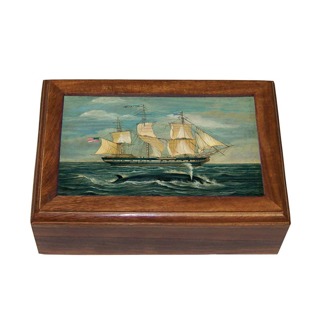 American Whaling Ship w/ Sperm Whale Solid Wood Trinket Box