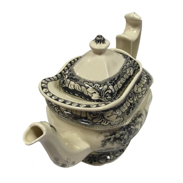 11" Pond Fishing Transferware Porcelain Teapot