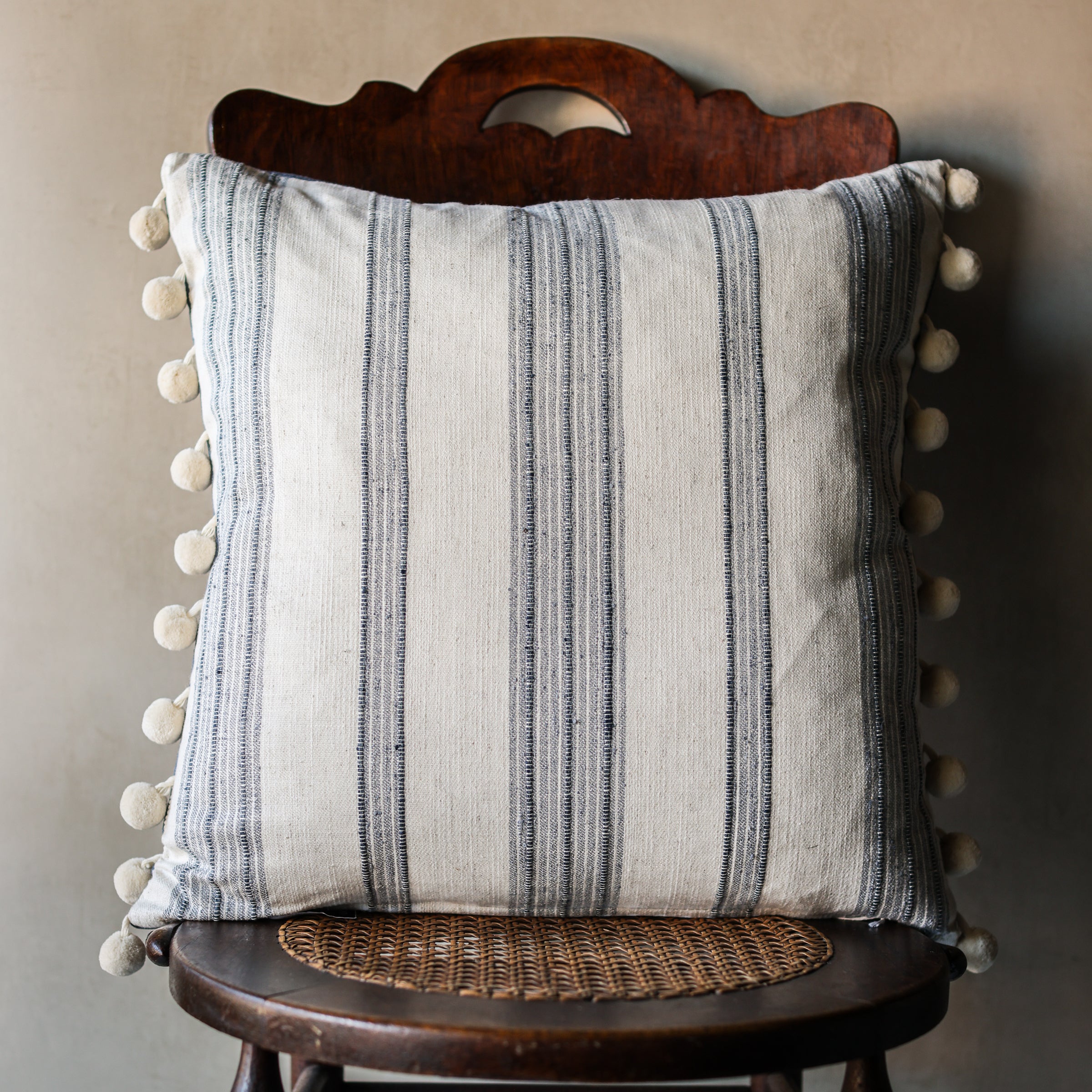 Rosemary Stripe Denim With Pom Pom - Indoor Pillow