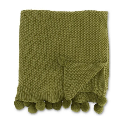 60" Stitch Knit Throw Blanket W/Pompom Trim - Sage Green