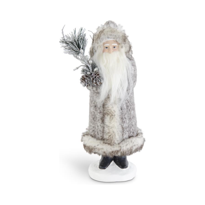 10 Inch Gray Fur Coat Santa w/Pine