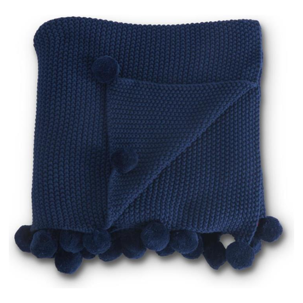60" Stitch Knit Throw Blanket W/Pompom Trim - Blue Moss