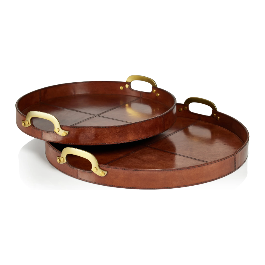 Aspen Leather with Brass Handles Round Tray - Small