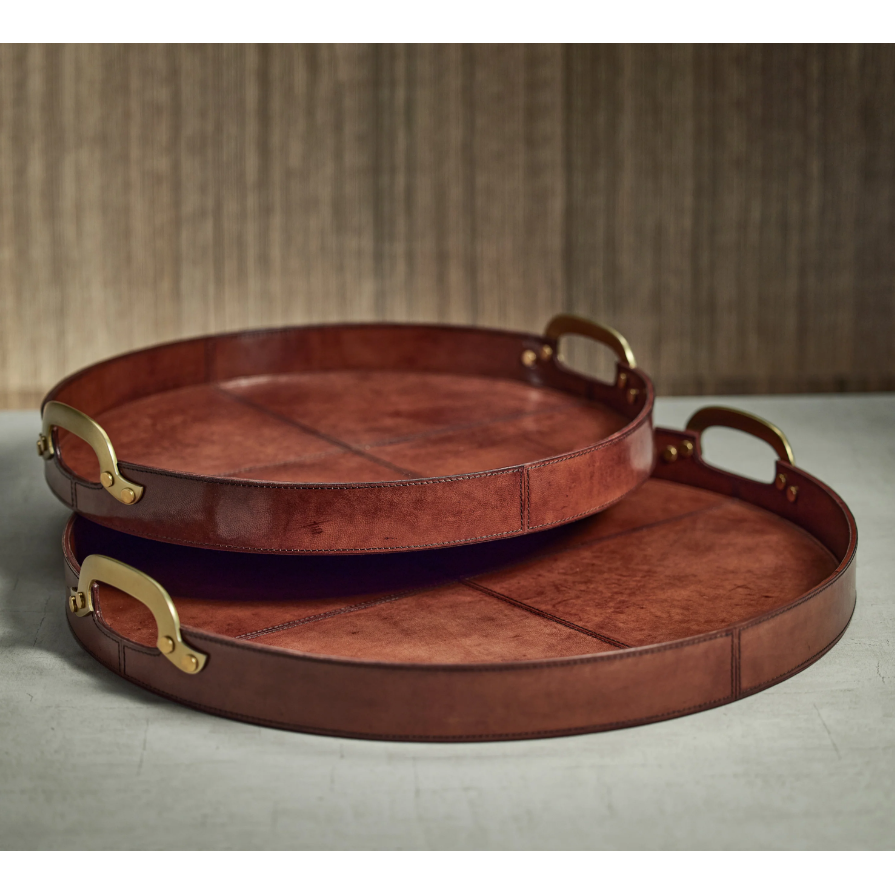 Aspen Leather with Brass Handles Round Tray - Small