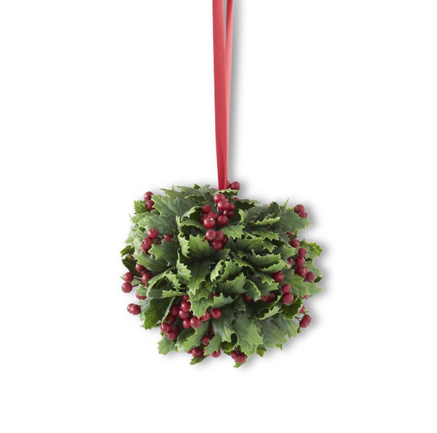 Holly Ball w/Red Ribbon Hanger