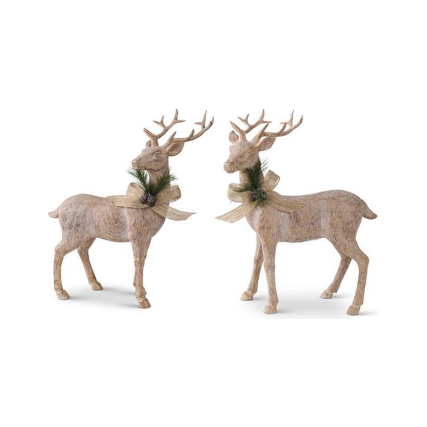 Resin Natural Wood Reindeer w/Bow