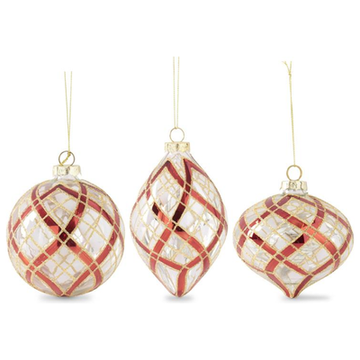 Clear Glass Ornament w/Glittered Red & Gold Plaid