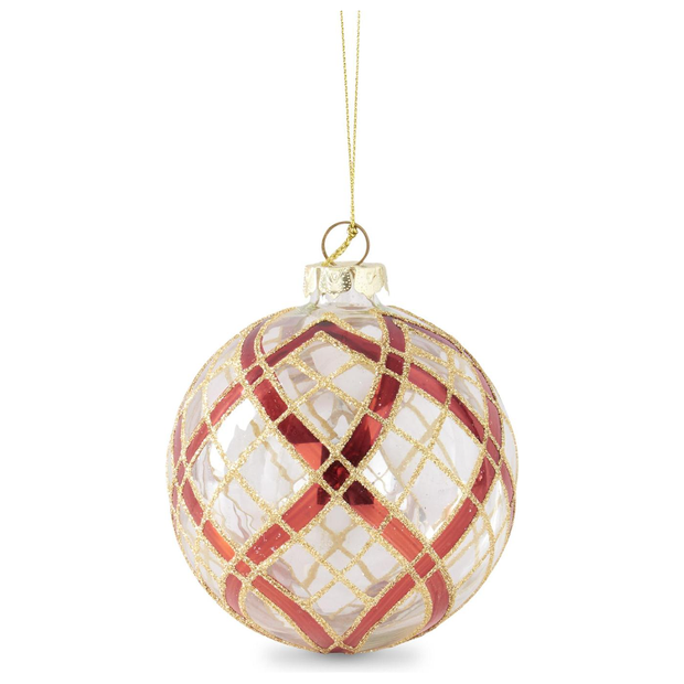 Clear Glass Ornament w/Glittered Red & Gold Plaid