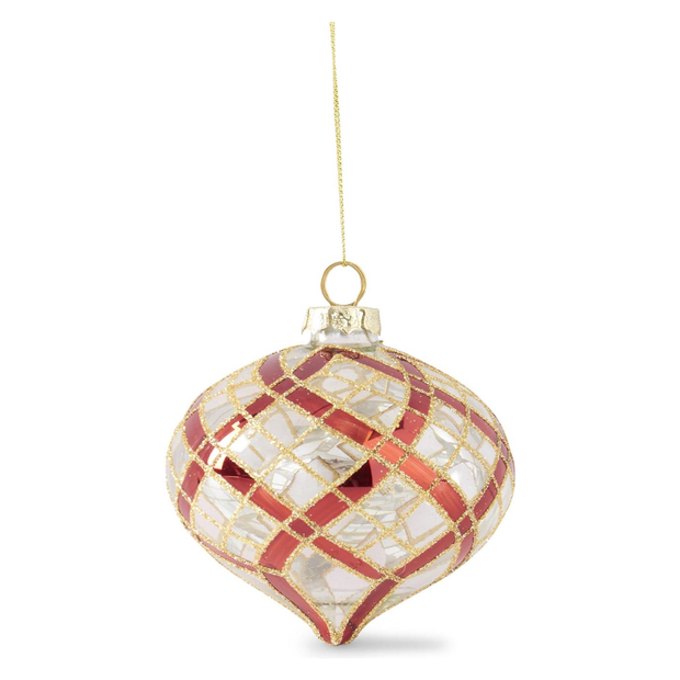 Clear Glass Ornament w/Glittered Red & Gold Plaid