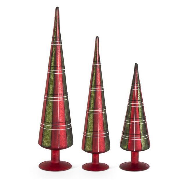 S/3 Red & Green Tartan Glass Trees