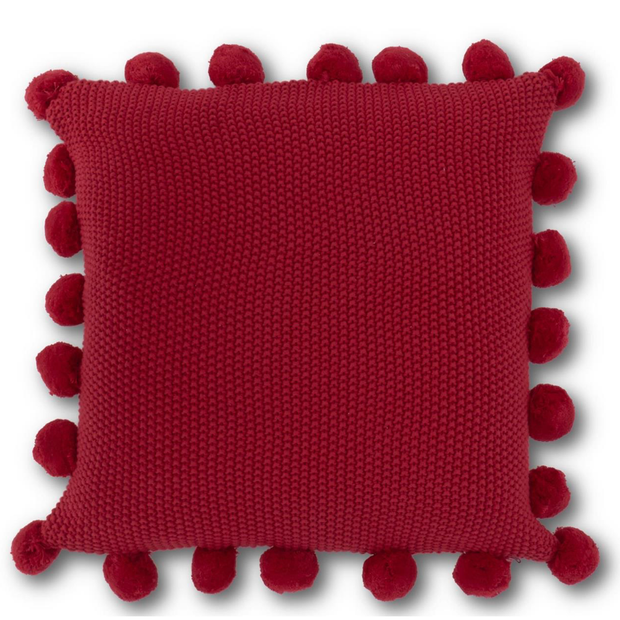 20" in - Red Moss Stitch Knit Pillow W/Pom pom Trim