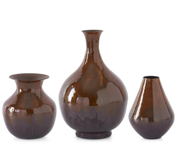 Brown & Burgundy Metal and Enamel Vases