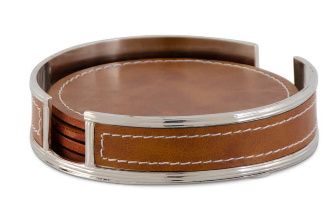 Silver with Brown Leather Coasters