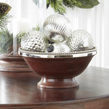 Dark Mango Wood Bowl w/Silver Beaded Rim