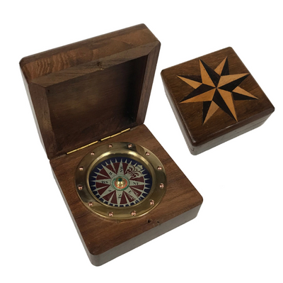 Wood Compass Box w/Rose Design & Brass