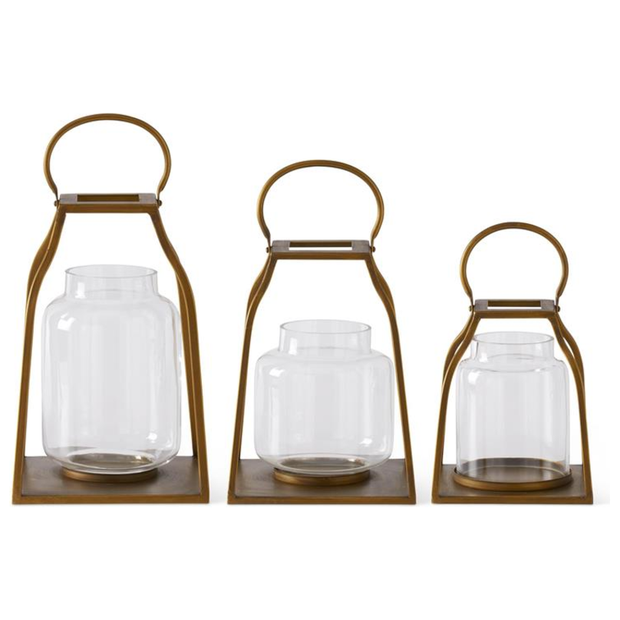 Gold Metal Trapezoid Lanterns w/Glass Hurricane