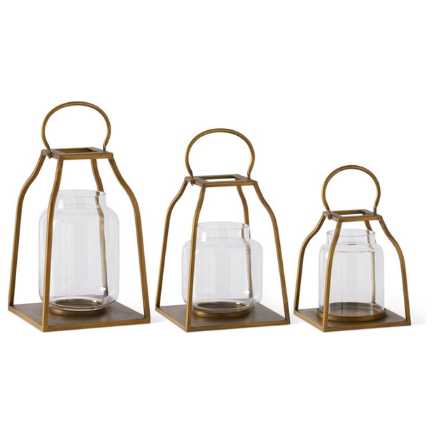 Gold Metal Trapezoid Lanterns w/Glass Hurricane