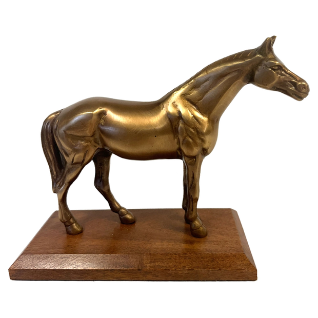 Antiqued Brass Horse On Wood Stand