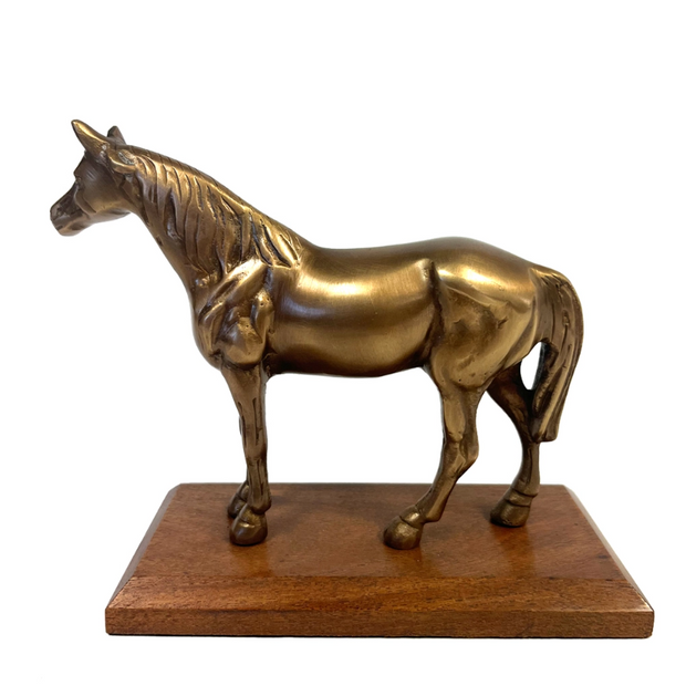 Antiqued Brass Horse On Wood Stand