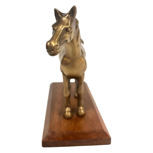 Antiqued Brass Horse On Wood Stand