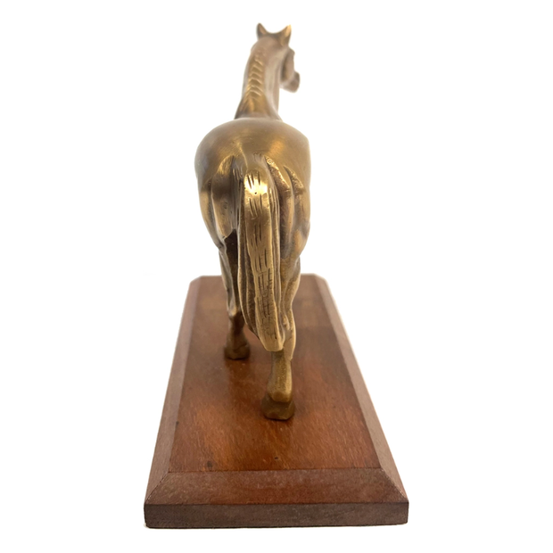 Antiqued Brass Horse On Wood Stand