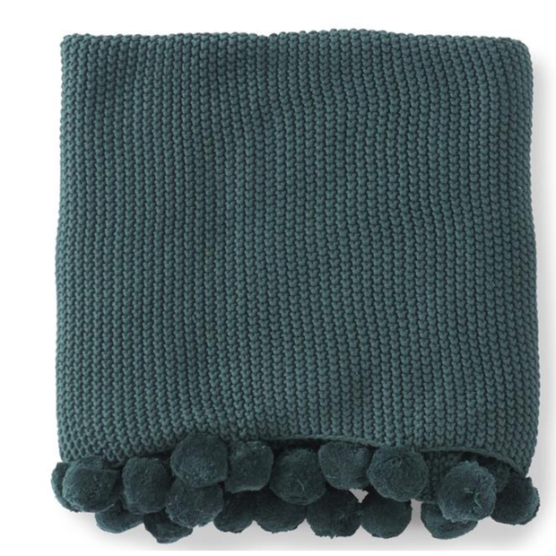 60" Stitch Knit Throw Blanket W/Pompom Trim