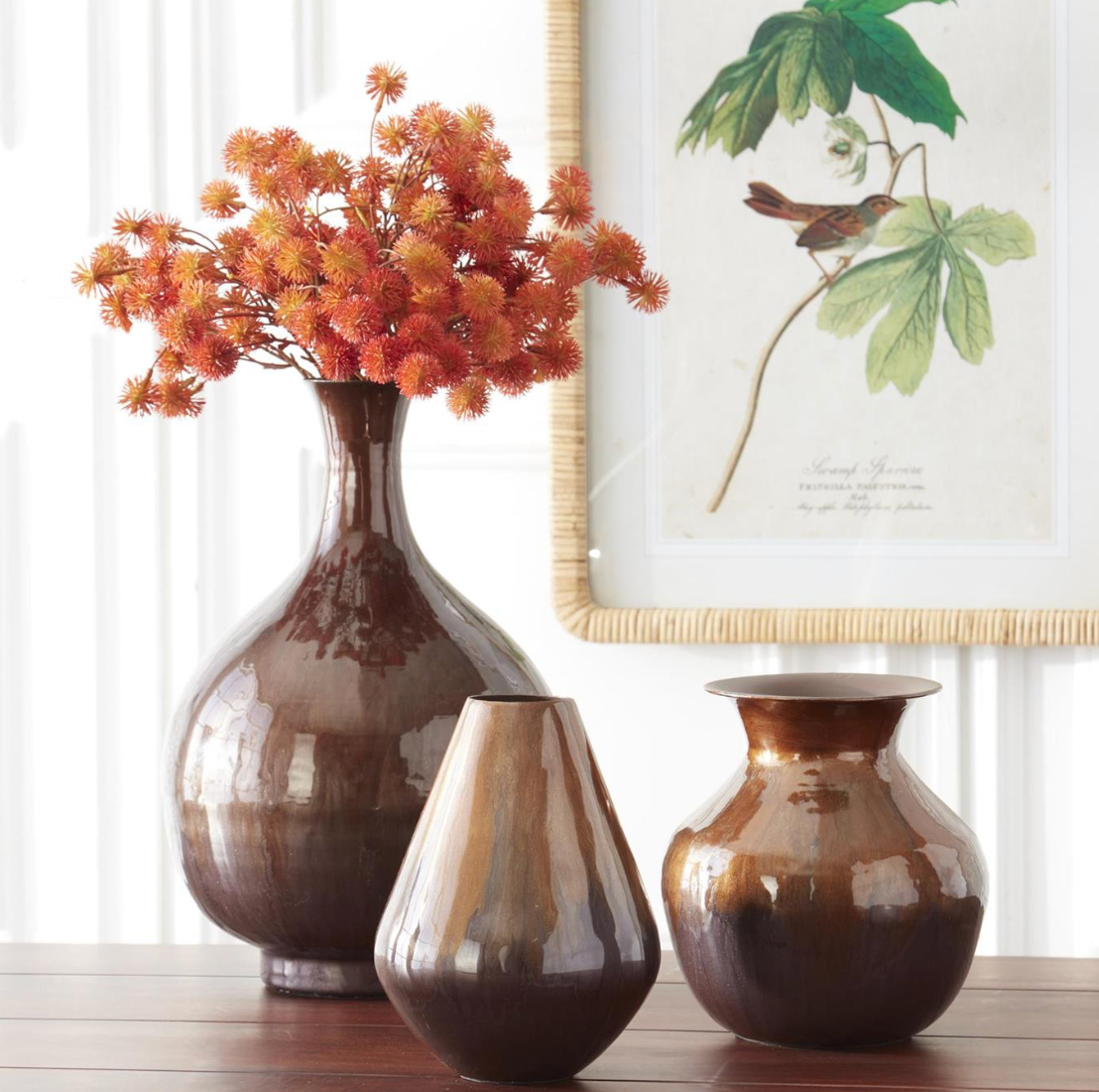 Brown & Burgundy Metal and Enamel Vases