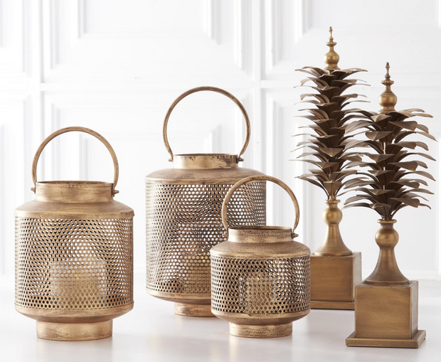 Gold Metal Mesh Lanterns w/ Glass