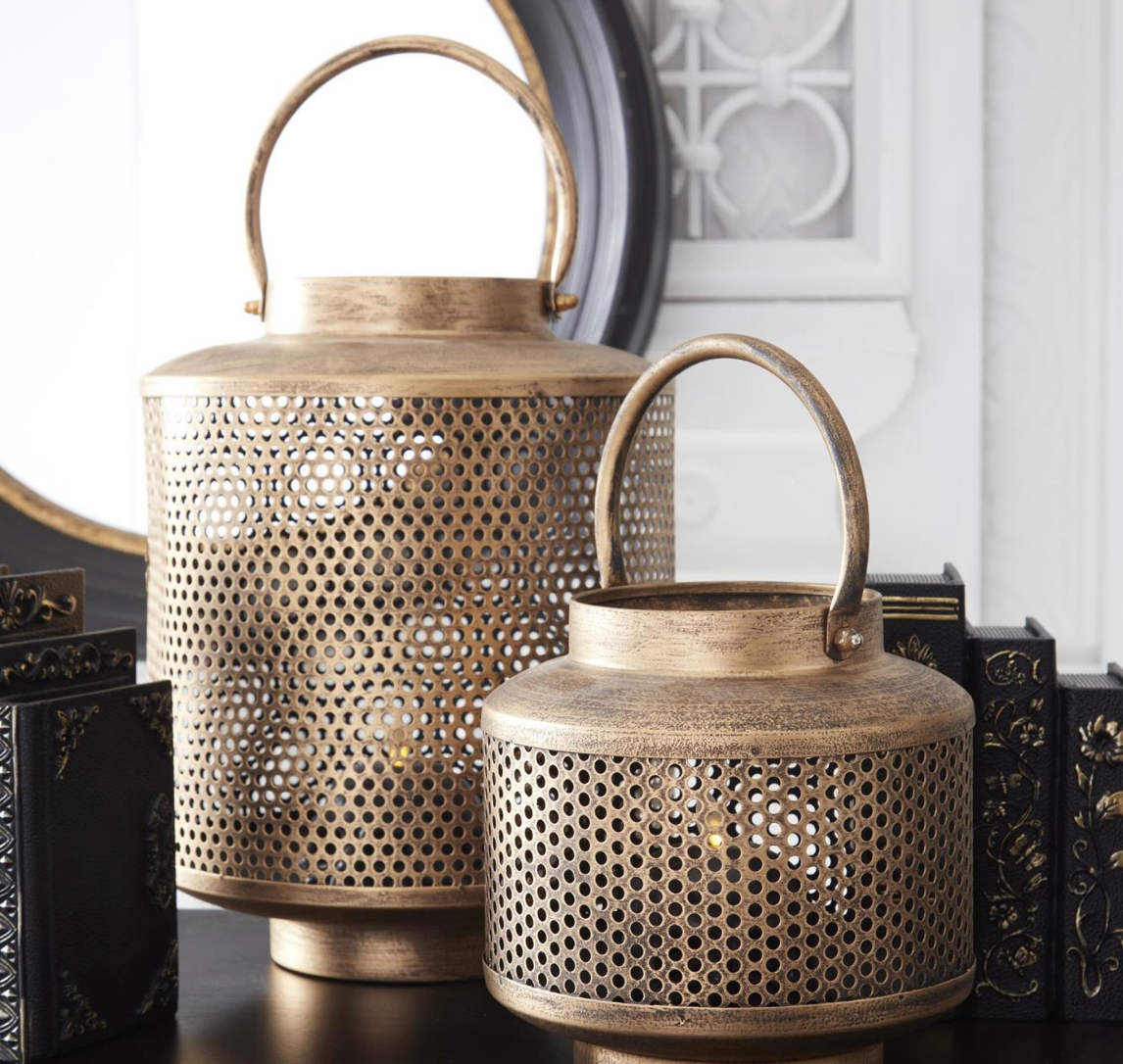 Gold Metal Mesh Lanterns w/ Glass