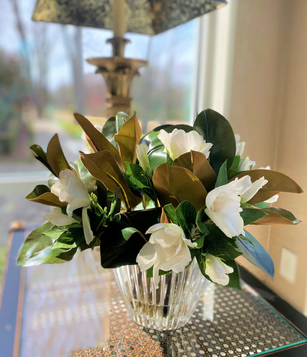 Magnolia & Gardenia Arrangment in Crystal Vase- 13"H
