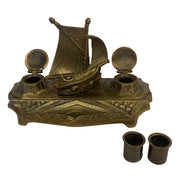 7-3/4" Antiqued Brass Ship Inkwell Stand w/ Brass Cups