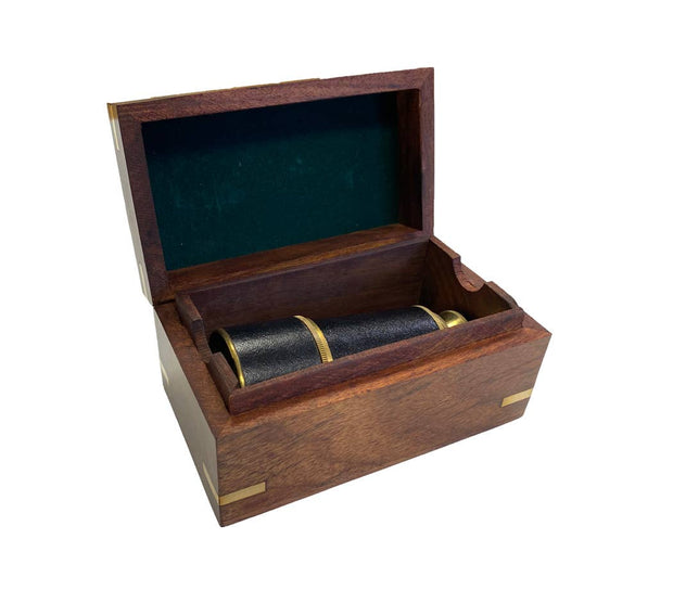 Brass Leather-Wrapped Pocket Telescope w/ Wood Display Box