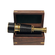 Brass Leather-Wrapped Pocket Telescope w/ Wood Display Box