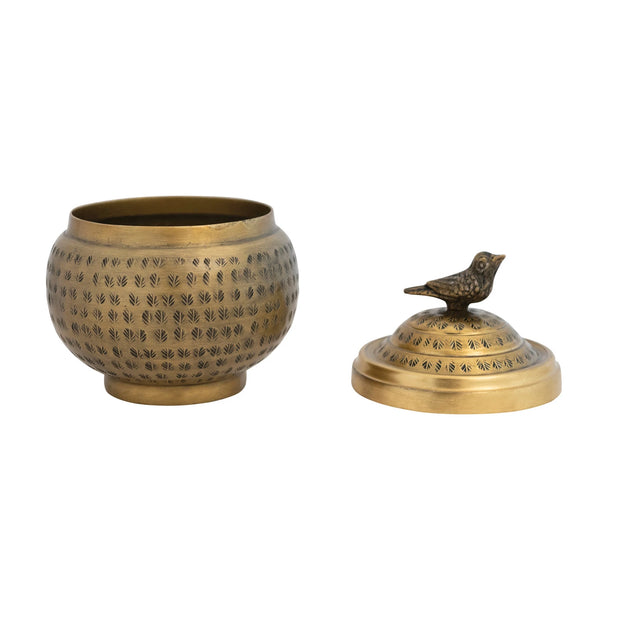 Hammered Metal Container w/ Lid & Bird Finial
