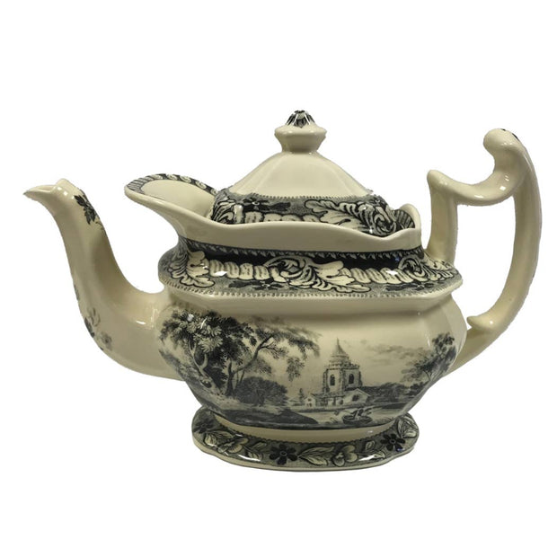 11" Pond Fishing Transferware Porcelain Teapot