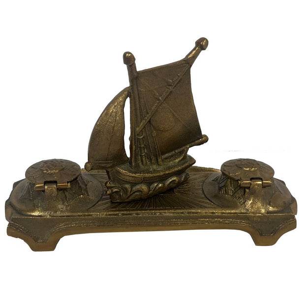 7-3/4" Antiqued Brass Ship Inkwell Stand w/ Brass Cups