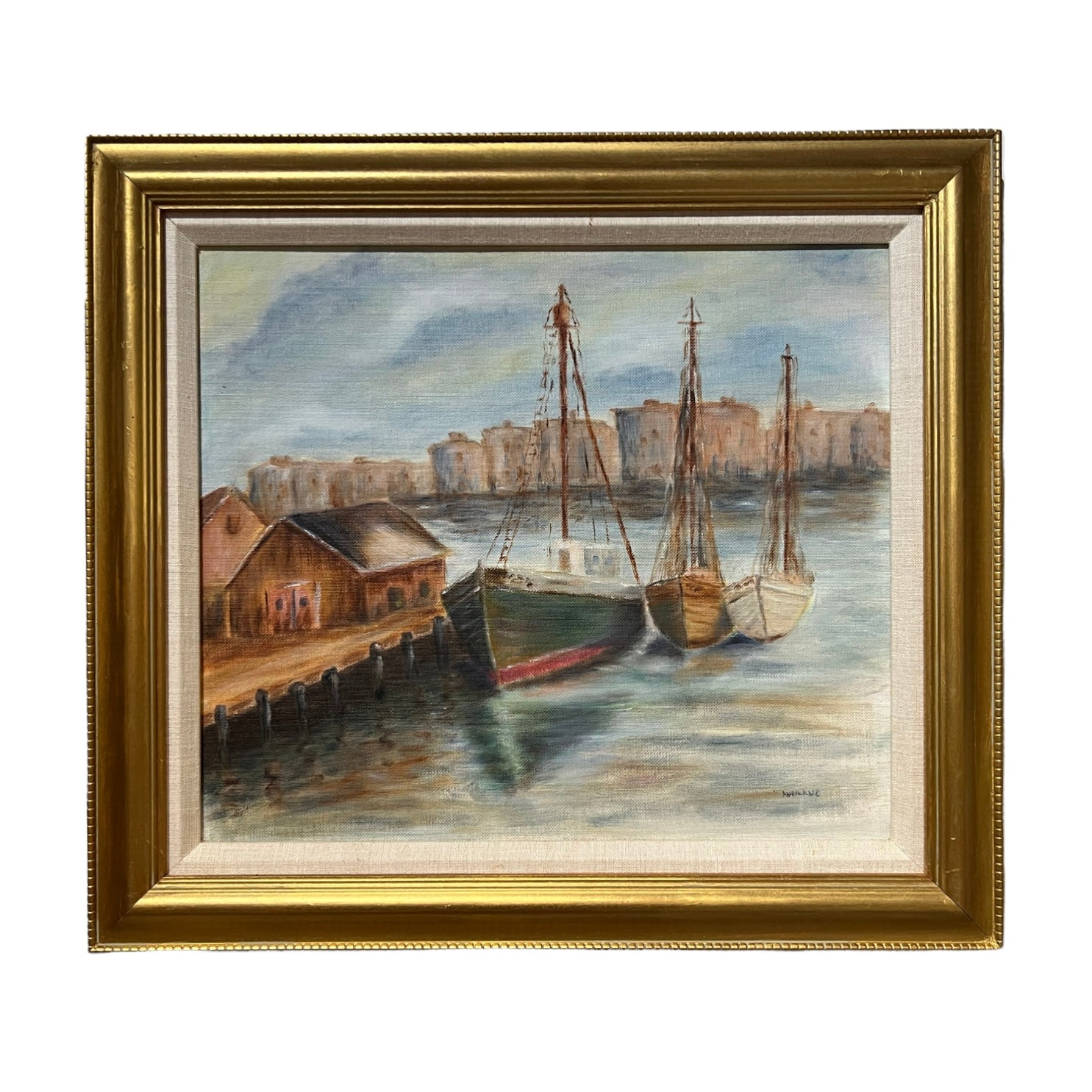 70's Vintage Impressionist Nautical Harbor Fishing Boats Oil Painting
